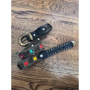 STUNNING VINTAGE SAND CASTLE USA JEWELED BRASS METAL MESH AND BLACK LEATHER BELT